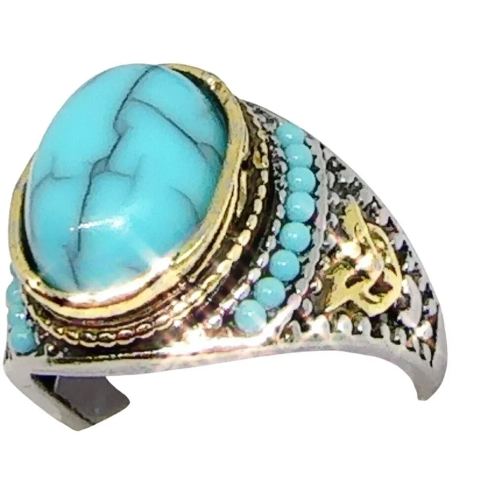 Turquoise Ring Gold and Silver Tone Unisex - Picture 5 of 17